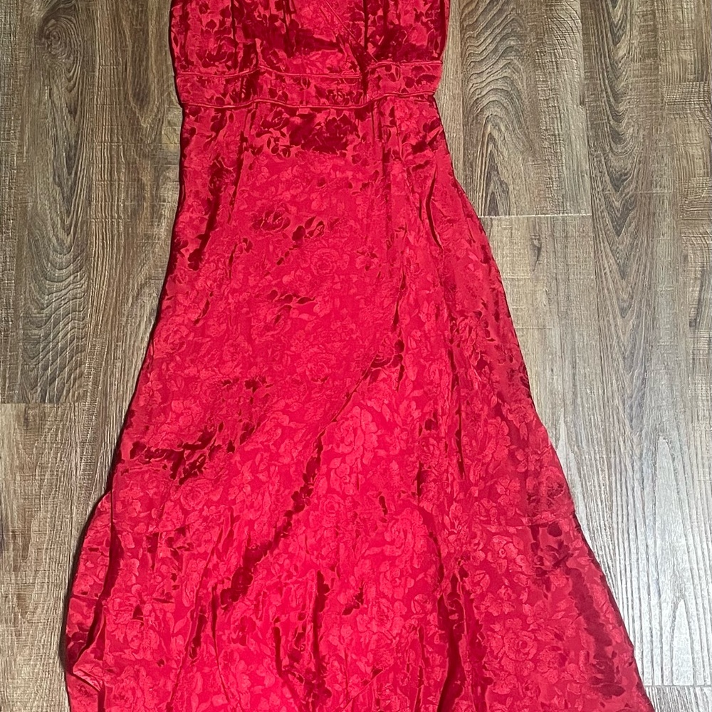Band of the Free Red Floral Jacquard Maxi Dress Sleeveless High-Low Tie Back S - Picture 3 of 10
